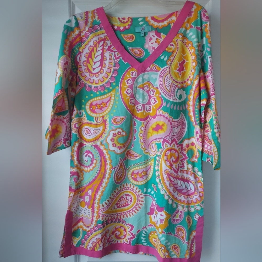 WB Womens S Pink Paisley Tunic Caftan Shirt Native Tribal Boho Bell 3/4 Sleeves